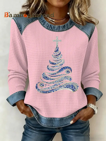 Women’s Christmas Print Waffle Sweatshirt Pink / S