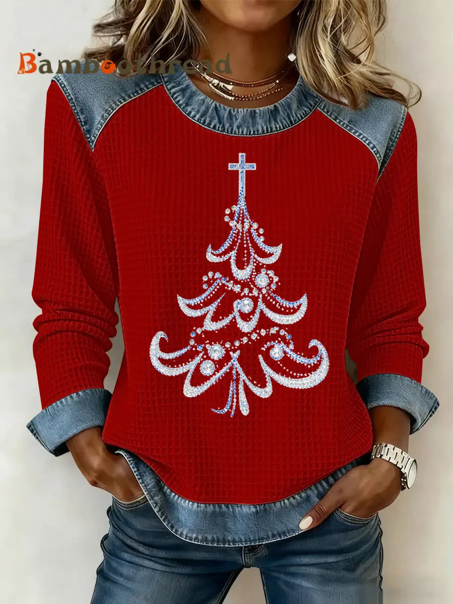 Women’s Christmas Print Waffle Sweatshirt Red / S