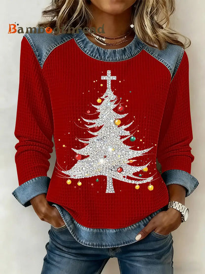 Women’s Christmas Print Waffle Sweatshirt Red / S