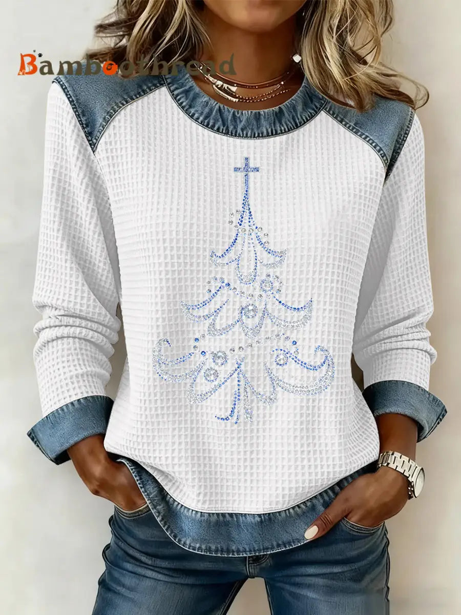 Women’s Christmas Print Waffle Sweatshirt White / S