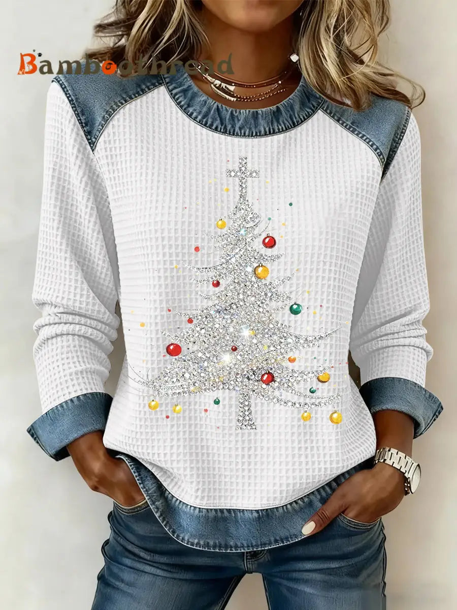Women’s Christmas Print Waffle Sweatshirt White / S