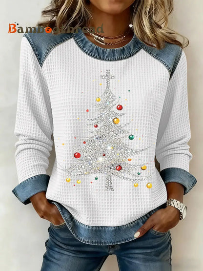 Women’s Christmas Print Waffle Sweatshirt White / S