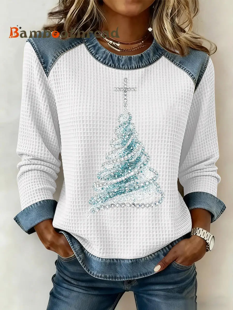Women’s Christmas Print Waffle Sweatshirt White / S