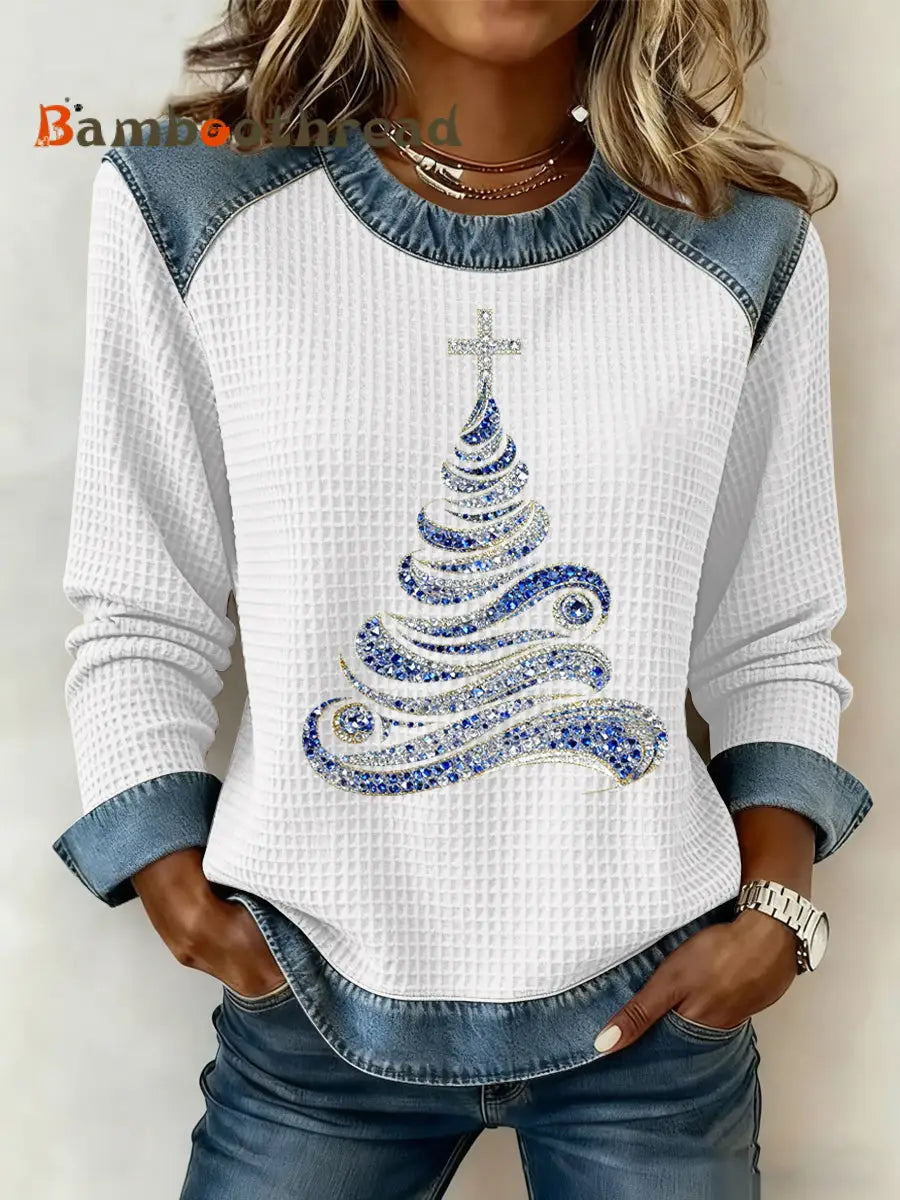 Women’s Christmas Print Waffle Sweatshirt White / S