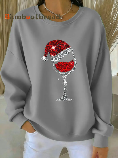 Women’s Christmas Red Wine Glass Print Casual Sweatshirt Light Gray / S