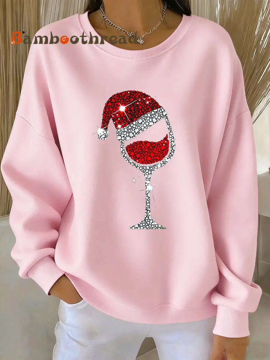 Women’s Christmas Red Wine Glass Print Casual Sweatshirt Pink / S