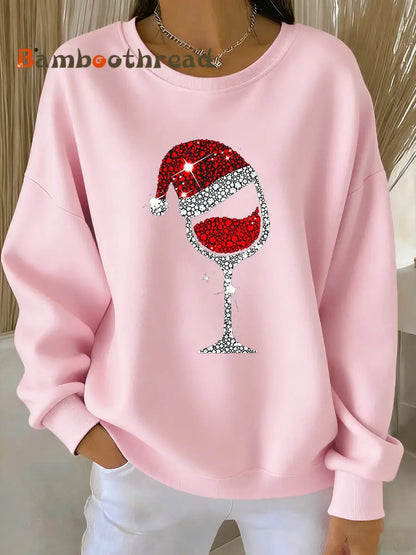 Women’s Christmas Red Wine Glass Print Casual Sweatshirt Pink / S