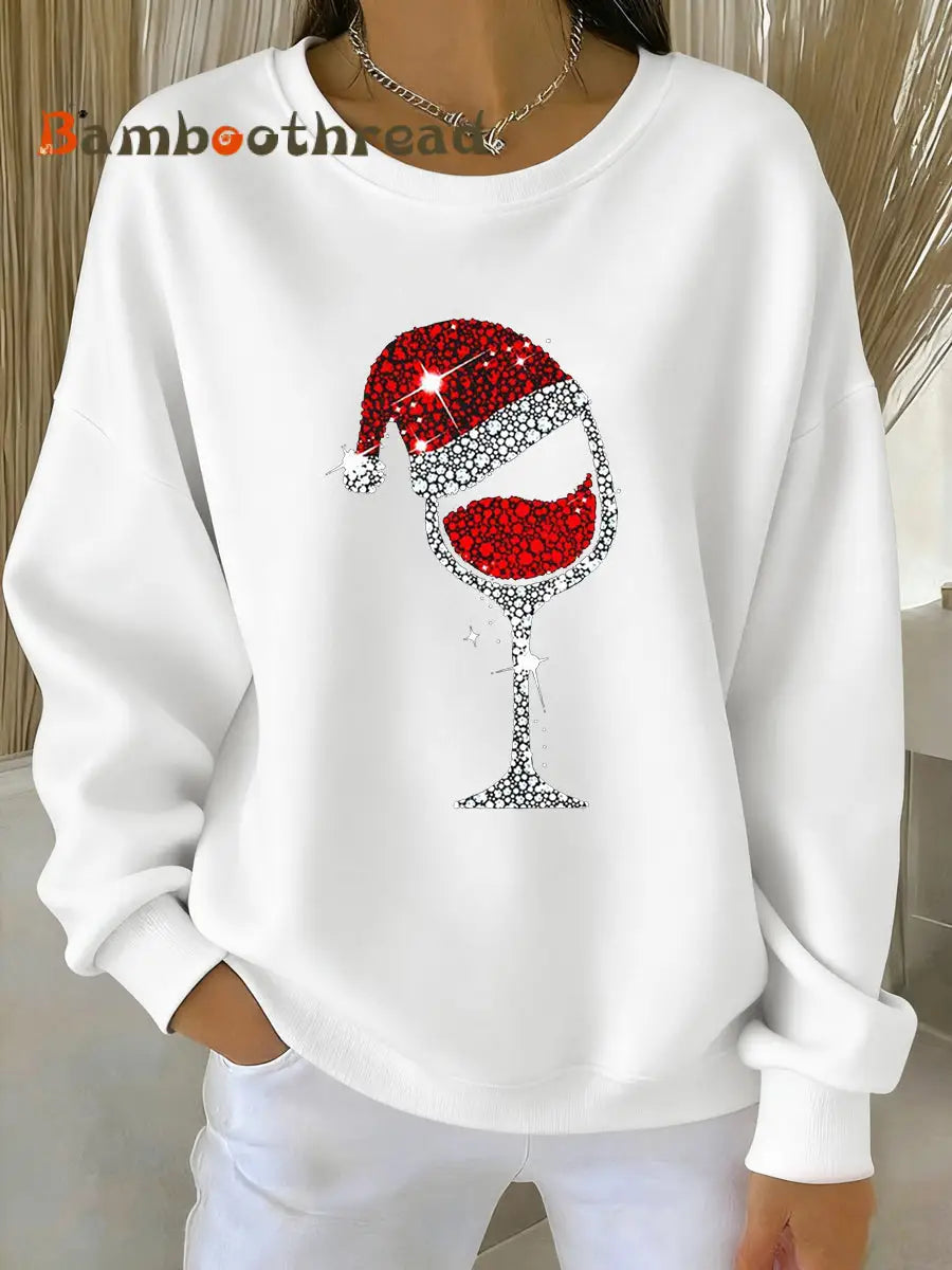 Women’s Christmas Red Wine Glass Print Casual Sweatshirt White / S