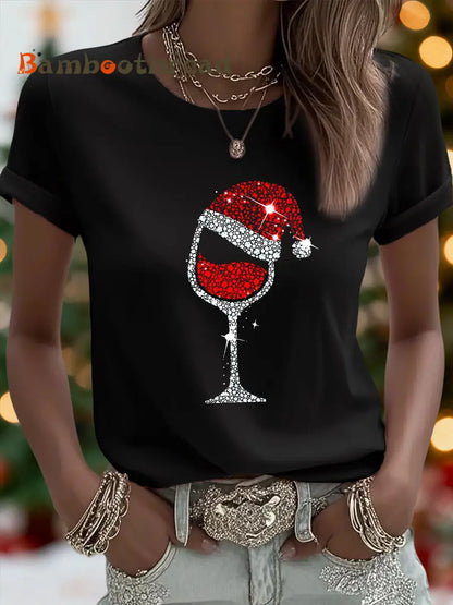 Women’s Christmas Red Wine Glass Print Casual Tee Black / S