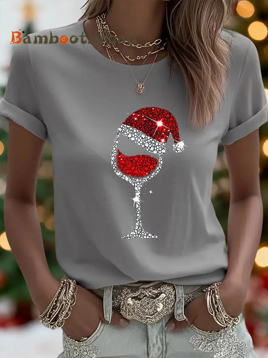 Women’s Christmas Red Wine Glass Print Casual Tee Light Gray / S