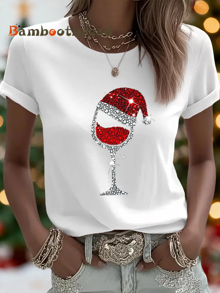 Women’s Christmas Red Wine Glass Print Casual Tee White / S
