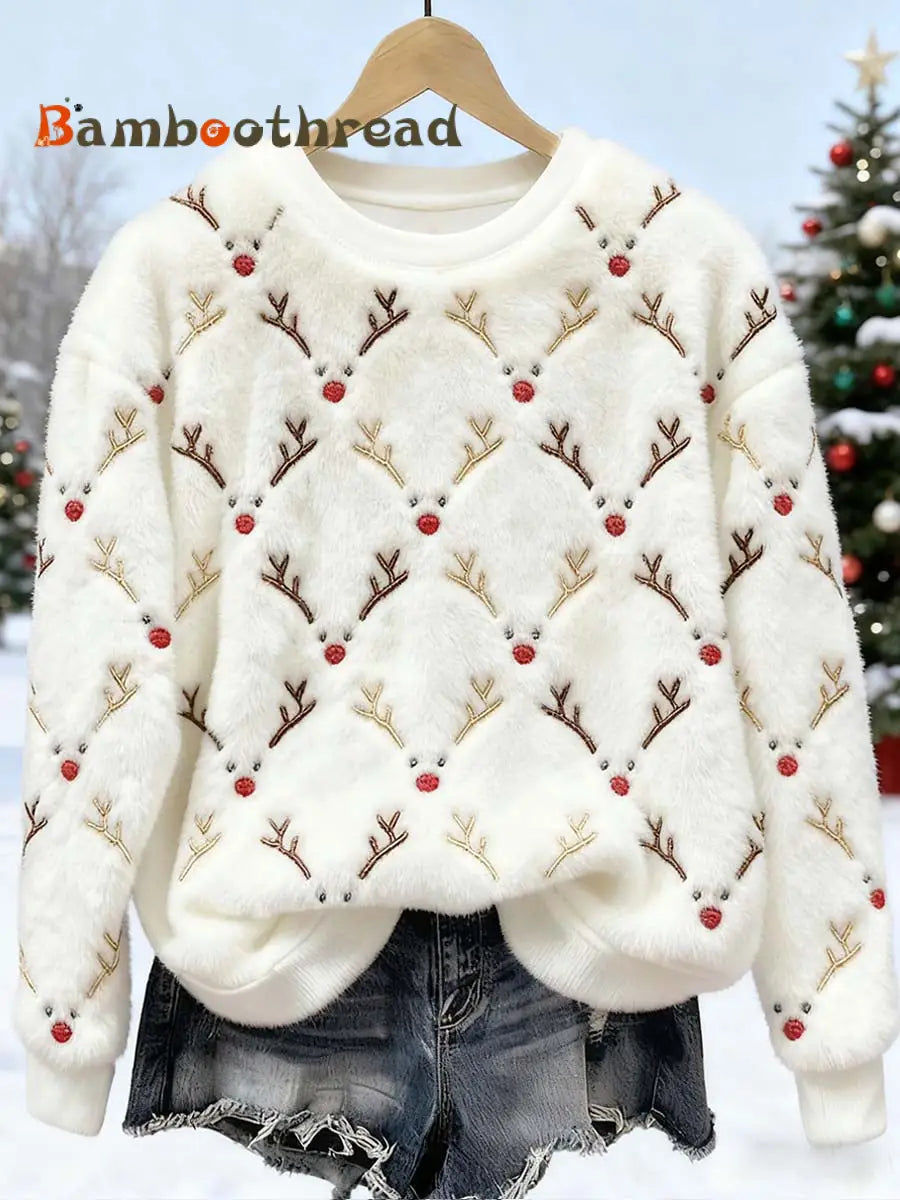 Women’s Christmas Reindeer Embroidered Furry Sweatshirt White / S