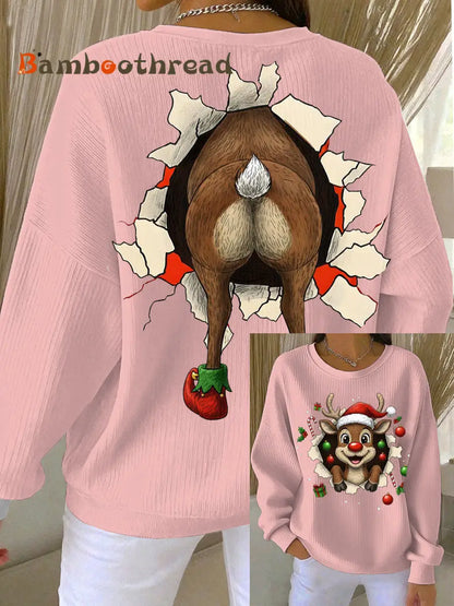 Women’s Christmas Reindeer Ribbed Round-Neck Sweatshirt Pink / S