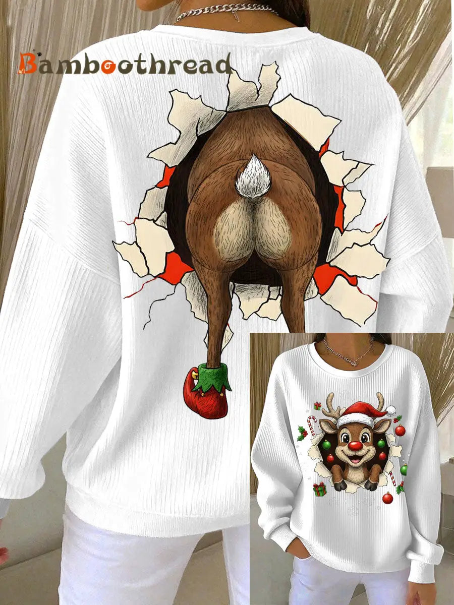Women’s Christmas Reindeer Ribbed Round-Neck Sweatshirt White / S