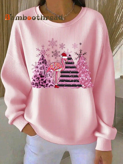 Women’s Christmas Ribbed Round-Neck Sweatshirt Pink / S