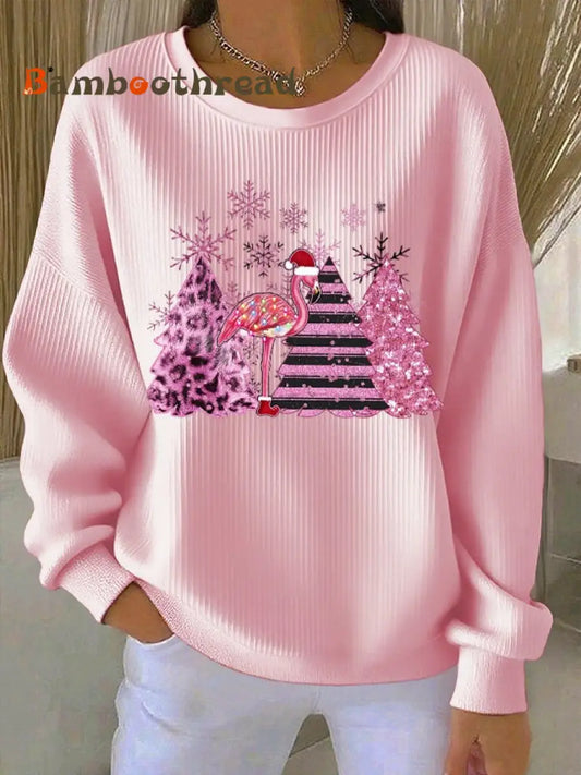 Women’s Christmas Ribbed Round-Neck Sweatshirt Pink / S