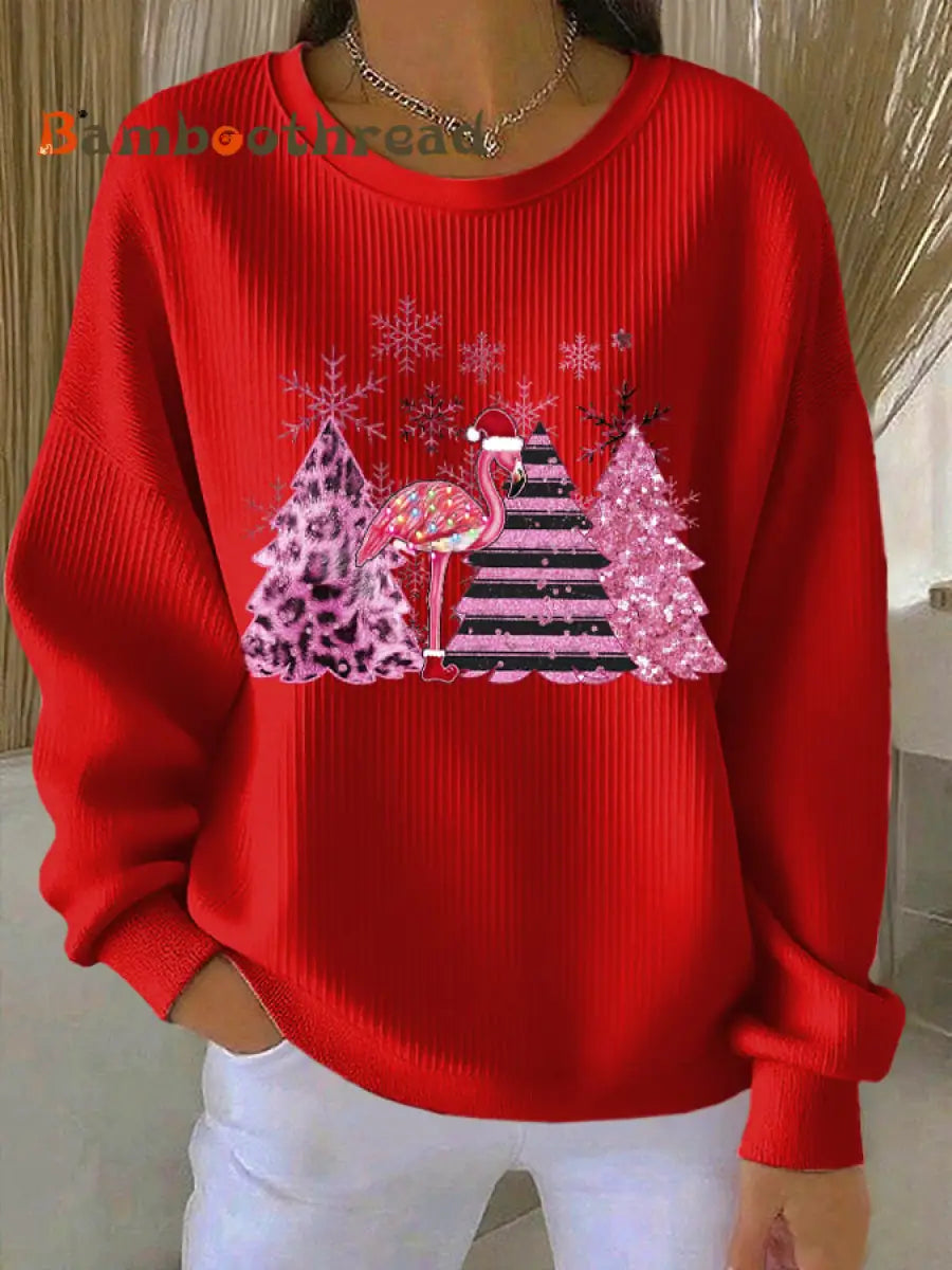Women’s Christmas Ribbed Round-Neck Sweatshirt Red / S