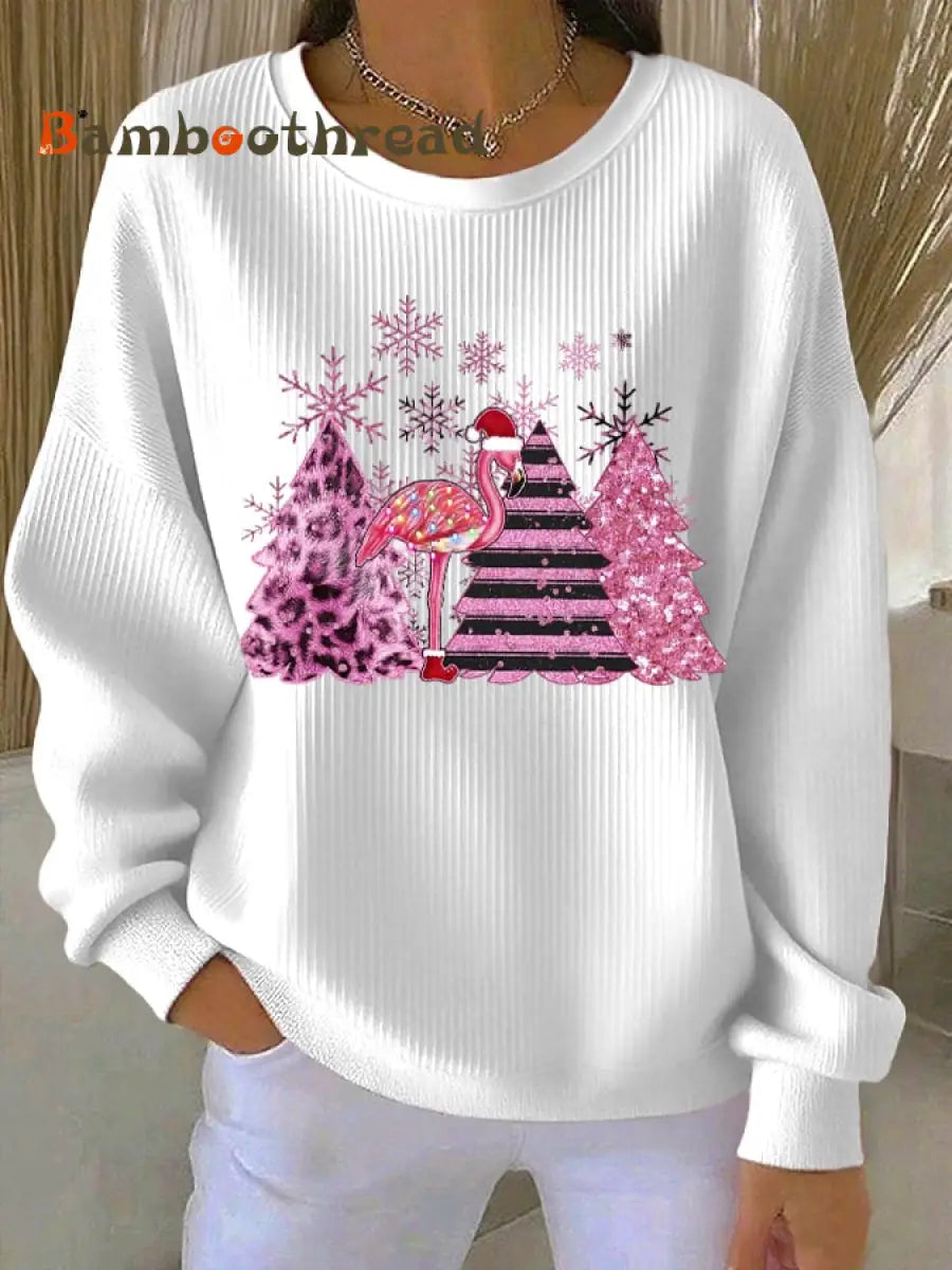 Women’s Christmas Ribbed Round-Neck Sweatshirt White / S