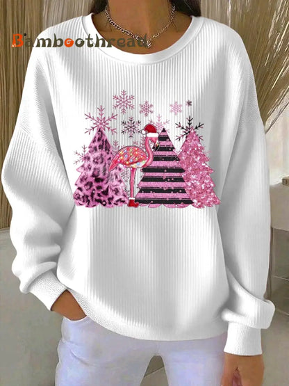 Women’s Christmas Ribbed Round-Neck Sweatshirt White / S