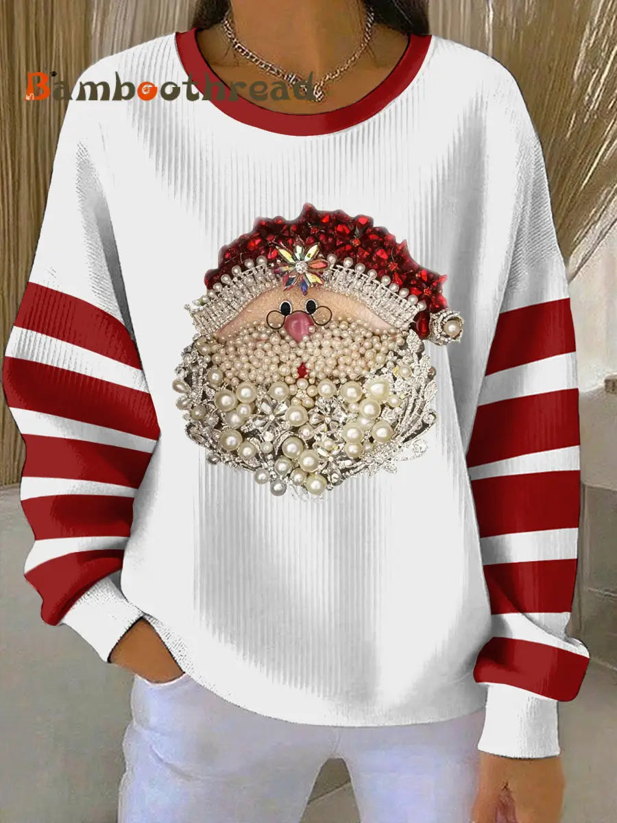 Women’s Christmas Santa Art Print Ribbed Round-Neck Sweatshirt White / S