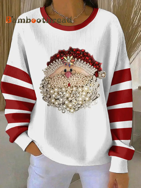 Women’s Christmas Santa Art Print Ribbed Round-Neck Sweatshirt White / S