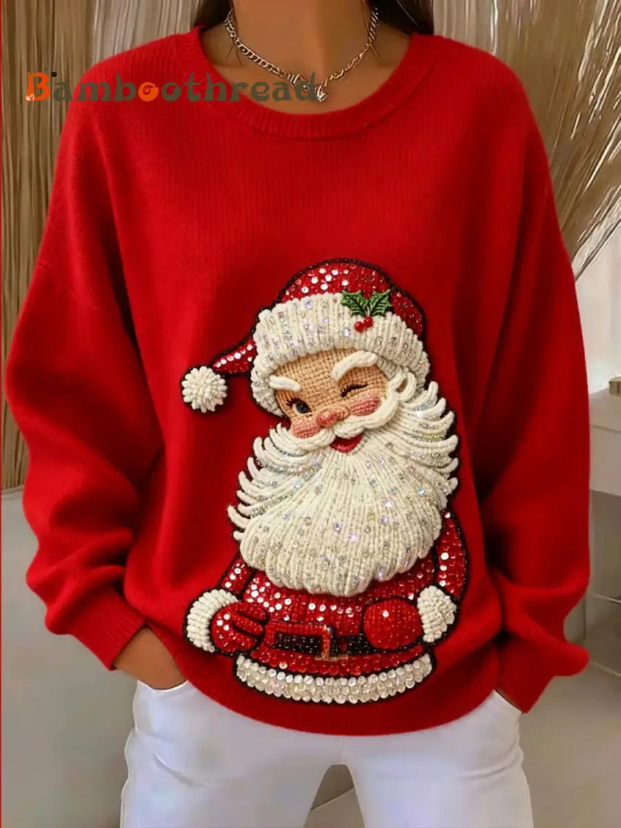 Women’s Christmas Santa Claus Art Ribbed Round-Neck Sweatshirt Red / S