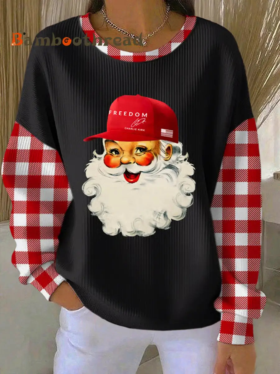 Women’s Christmas Santa Claus Freedom Print Ribbed Round-Neck Sweatshirt Black / S