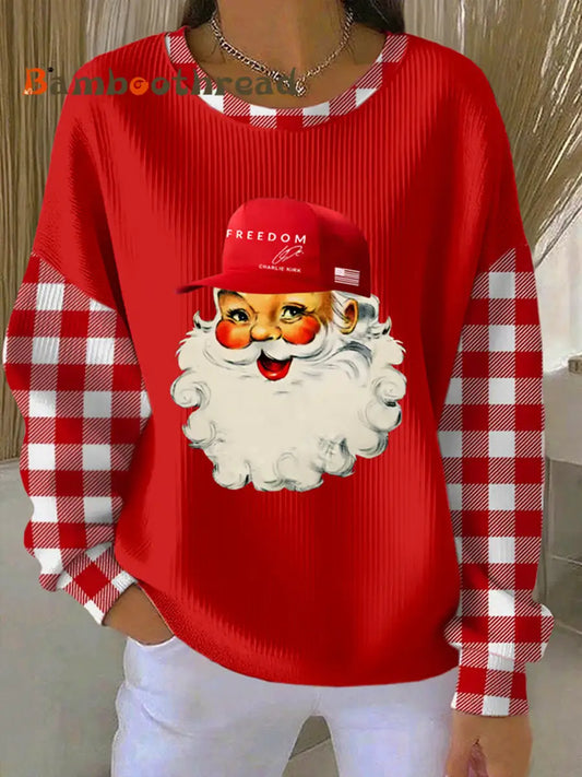 Women’s Christmas Santa Claus Freedom Print Ribbed Round-Neck Sweatshirt Red / S
