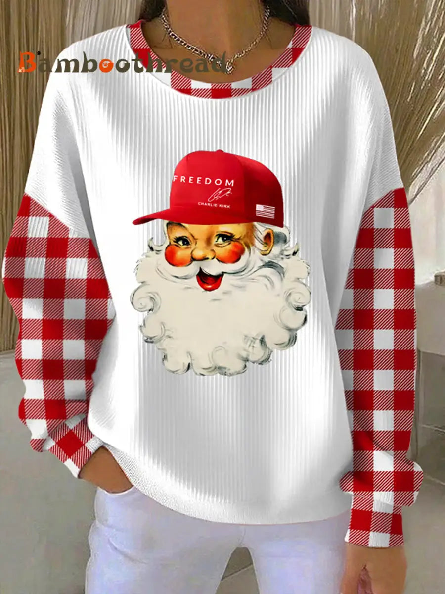 Women’s Christmas Santa Claus Freedom Print Ribbed Round-Neck Sweatshirt White / S