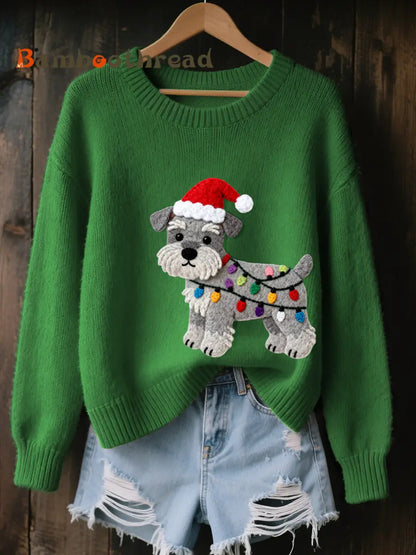 Women’s Christmas Schnauzer Dog Felt Art Cozy Knit Sweater Green / S