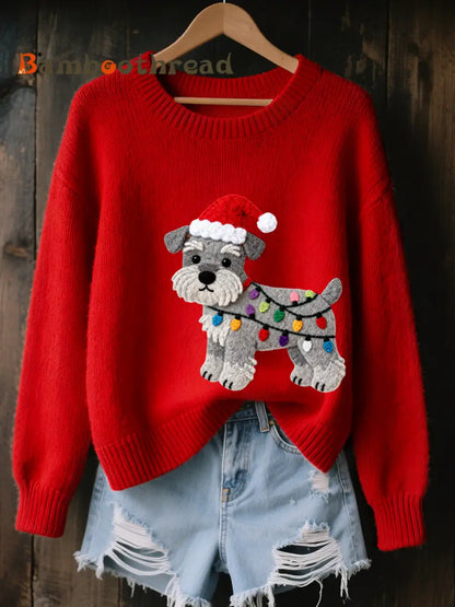 Women’s Christmas Schnauzer Dog Felt Art Cozy Knit Sweater Red / S