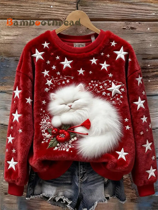 Women’s Christmas Sleeping Fuzzy Cat Stars Art Cozy Plush Sweatshirt Red / S