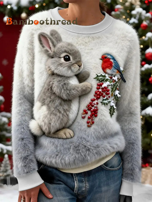 Women’s Christmas Snowflake Rabbit Flannel Hoodie Gray / S
