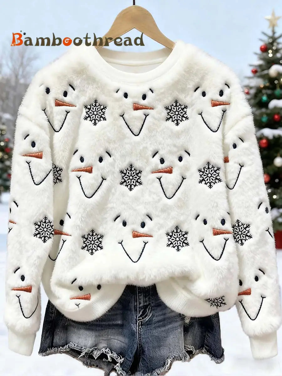 Women’s Christmas Snowman Embroidered Furry Sweatshirt White / S