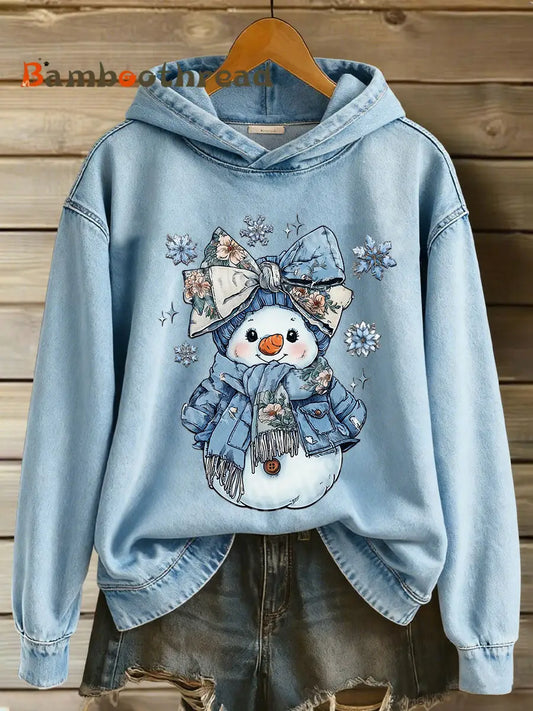 Women’s Christmas Snowman Print Casual Hoodie Light Blue / S