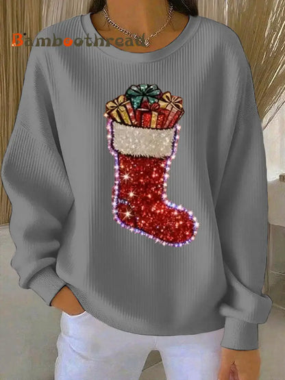 Women’s Christmas stockings Print Ribbed Round-Neck Sweatshirt Gray / S