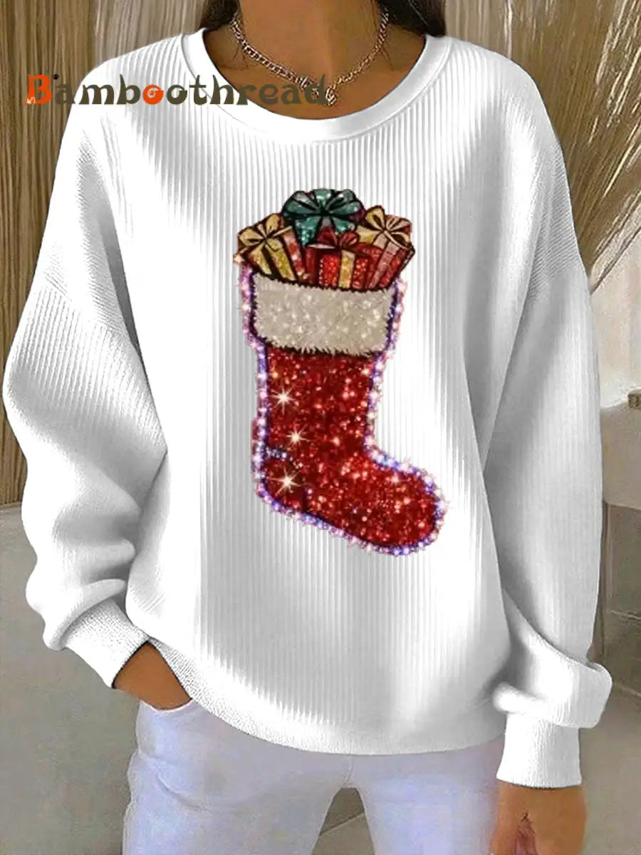 Women’s Christmas stockings Print Ribbed Round-Neck Sweatshirt White / S