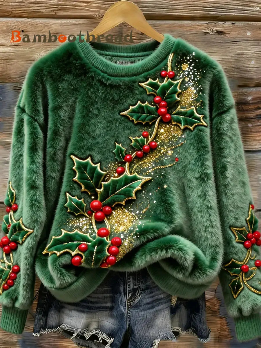 Women’s Christmas Tree Decorative Art Plush Sweater Green / S