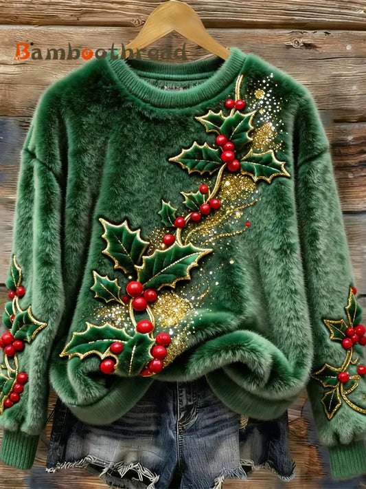 Women’s Christmas Tree Decorative Art Plush Sweater Green / S