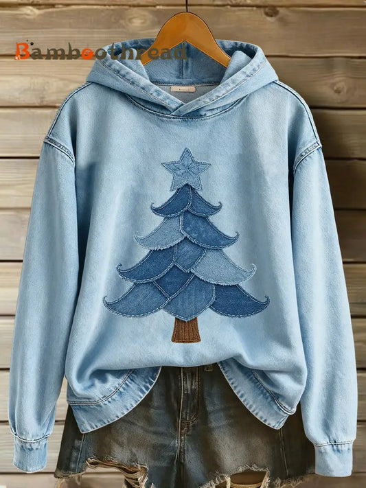 Women’s Christmas Tree Print Casual Hoodie Blue / S