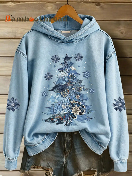 Women’s Christmas Tree Print Casual Hoodie Light Blue / S