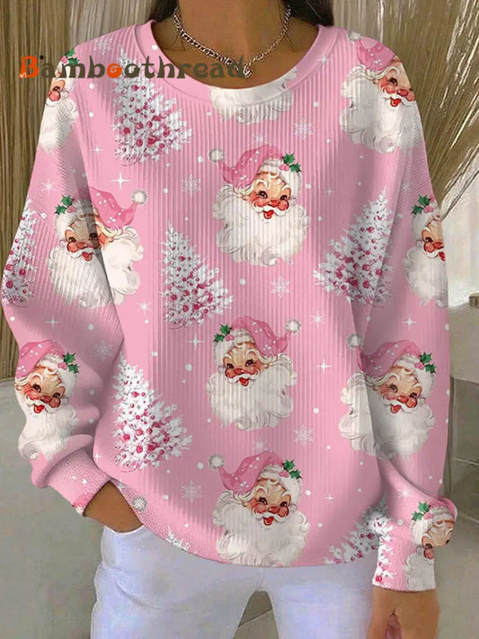 Women’s Christmas Tree Santa Claus Print Ribbed Round-Neck Sweatshirt Pink / S