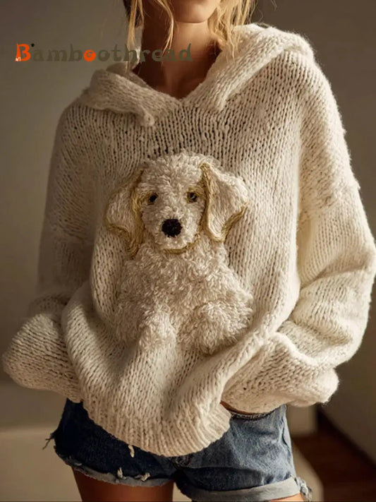 Women’s Classic Fuzzy Golden Retriever Dog Felt Cozy Knit Hooded Sweater As picture / S