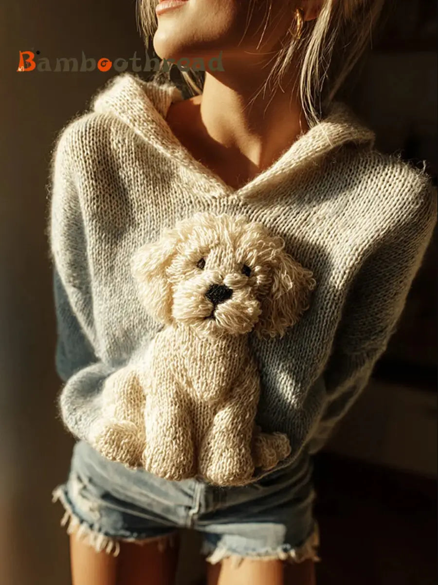 Women’s Classic Fuzzy Mini Labrador Retriever Dog Felt Cozy Knit Hooded Sweater White / S