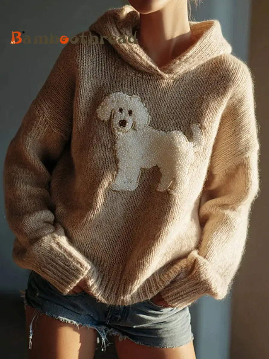 Women’s Classic Fuzzy Poodle Dog Felt Cozy Knit Hooded Sweater As picture / S