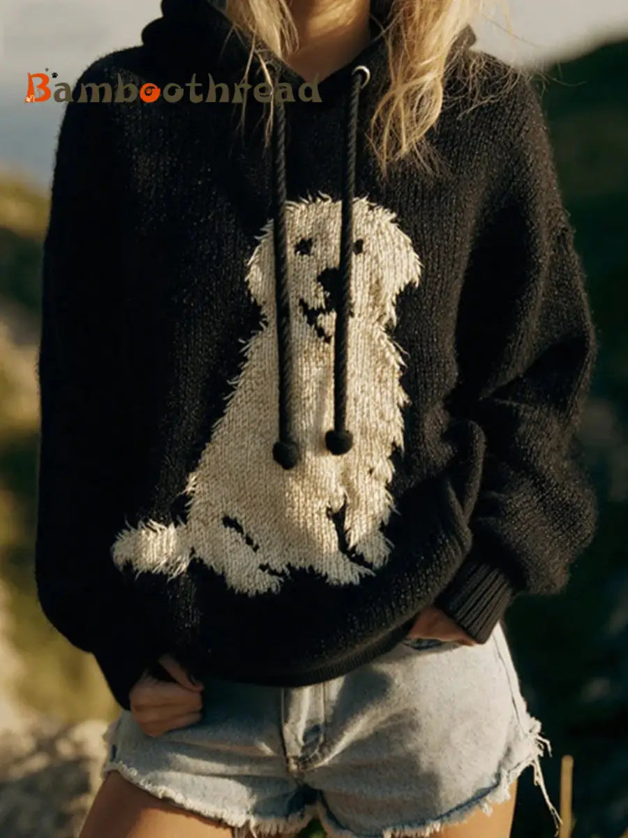 Women’s Classic Plush Golden Retriever Felt Cozy Knit Oversized Hooded Sweatshirt As picture / S