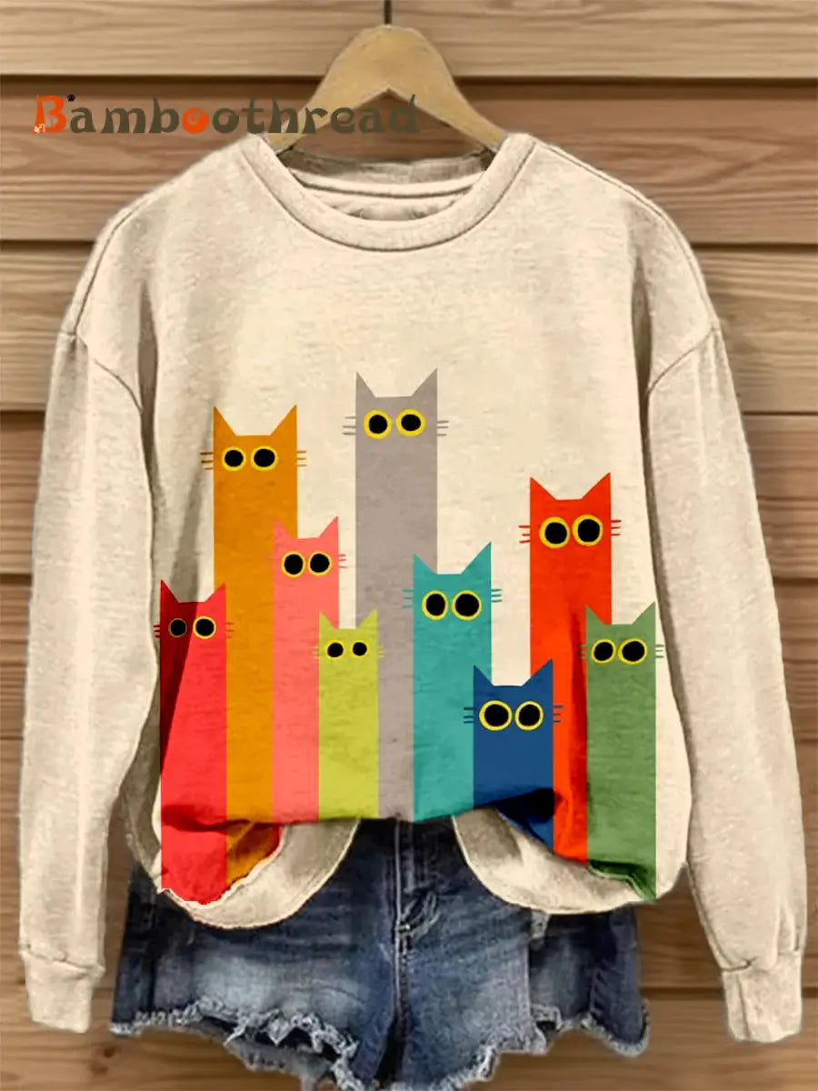 Women’s Colorful Cat Art Print Sweatshirt As picture / S