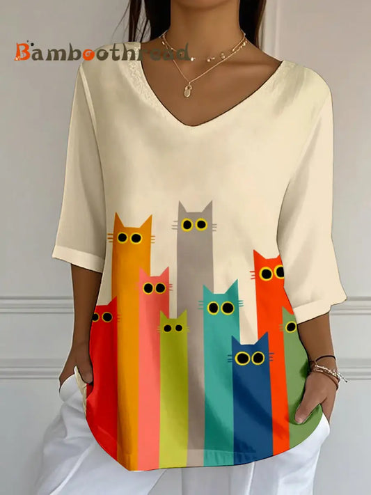 Women’s Colorful Cat Print V-Neck T-Shirt As picture / S
