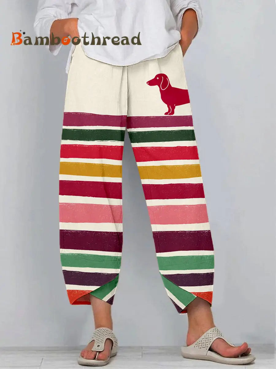 Women’s Colorful Dachshund Art Print Linen Pants As picture / S