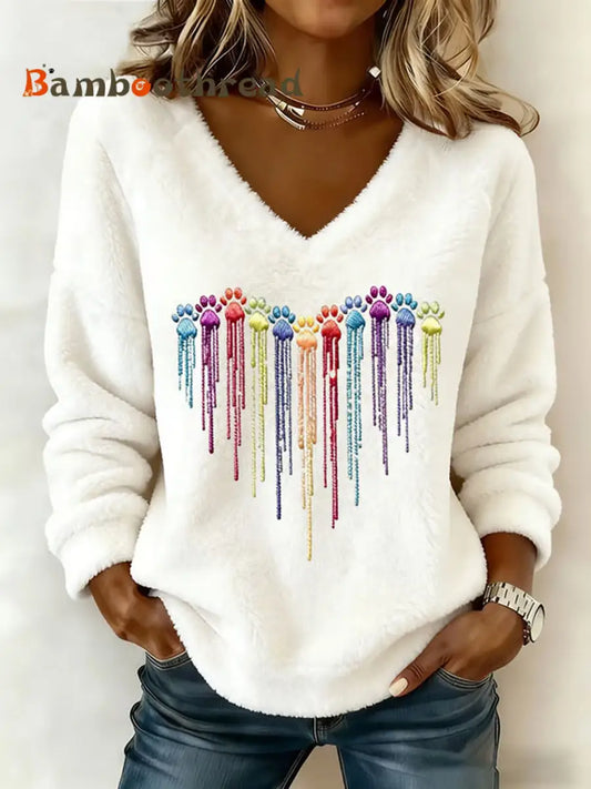 Women’s Colorful Dog Heart Paw Flannel V-Neck Top Creamy-White / S